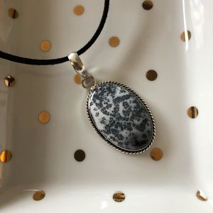 Dendritic opal necklace on black suede cord